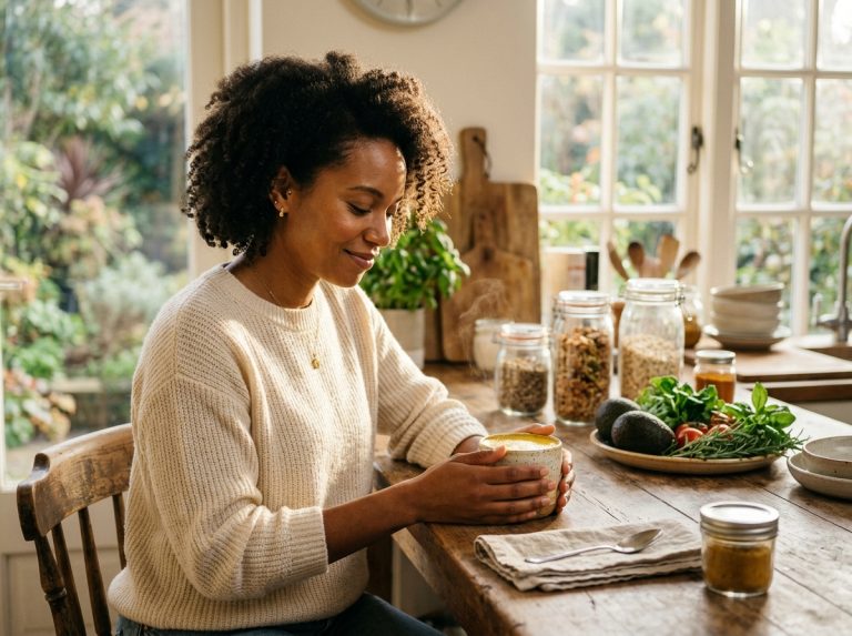 woman enjoying morning turmeric latte surrounded by fresh plant foods