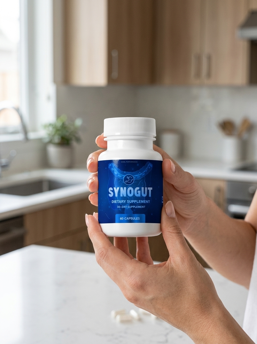 SynoGut digestive support supplement bottle in hands