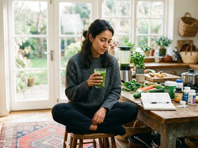 Woman contemplating green smoothie in bright morning kitchen