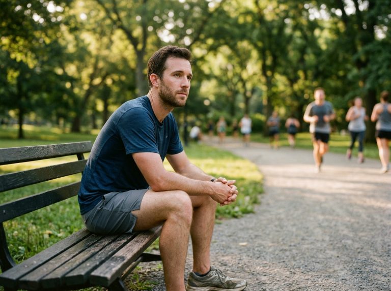 thoughtful runner resting on park bench morning