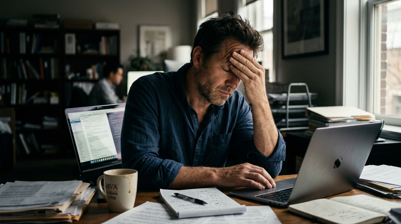man experiencing afternoon fatigue mental fog desk