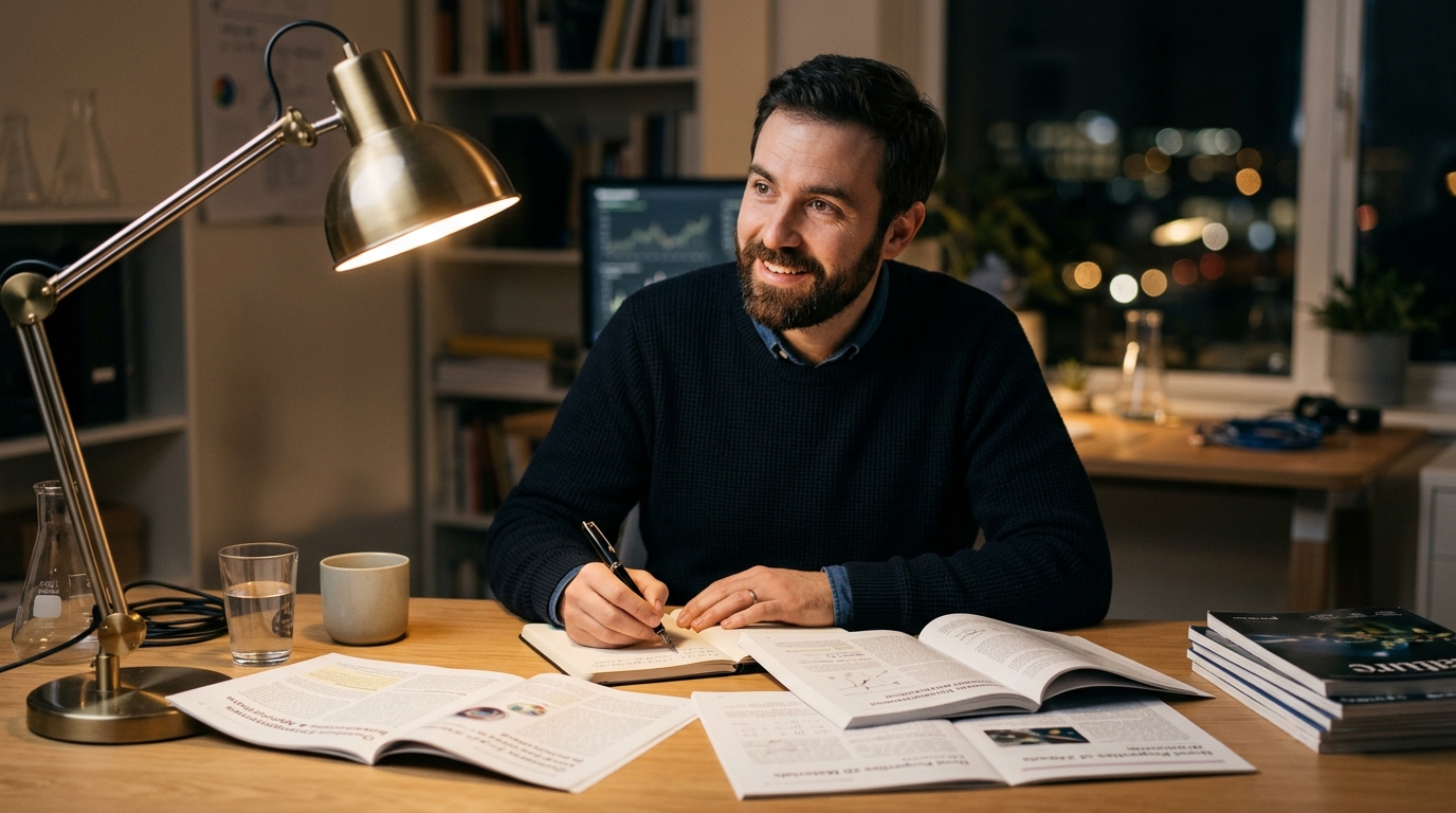 man reading scientific research mitochondrial function discovery