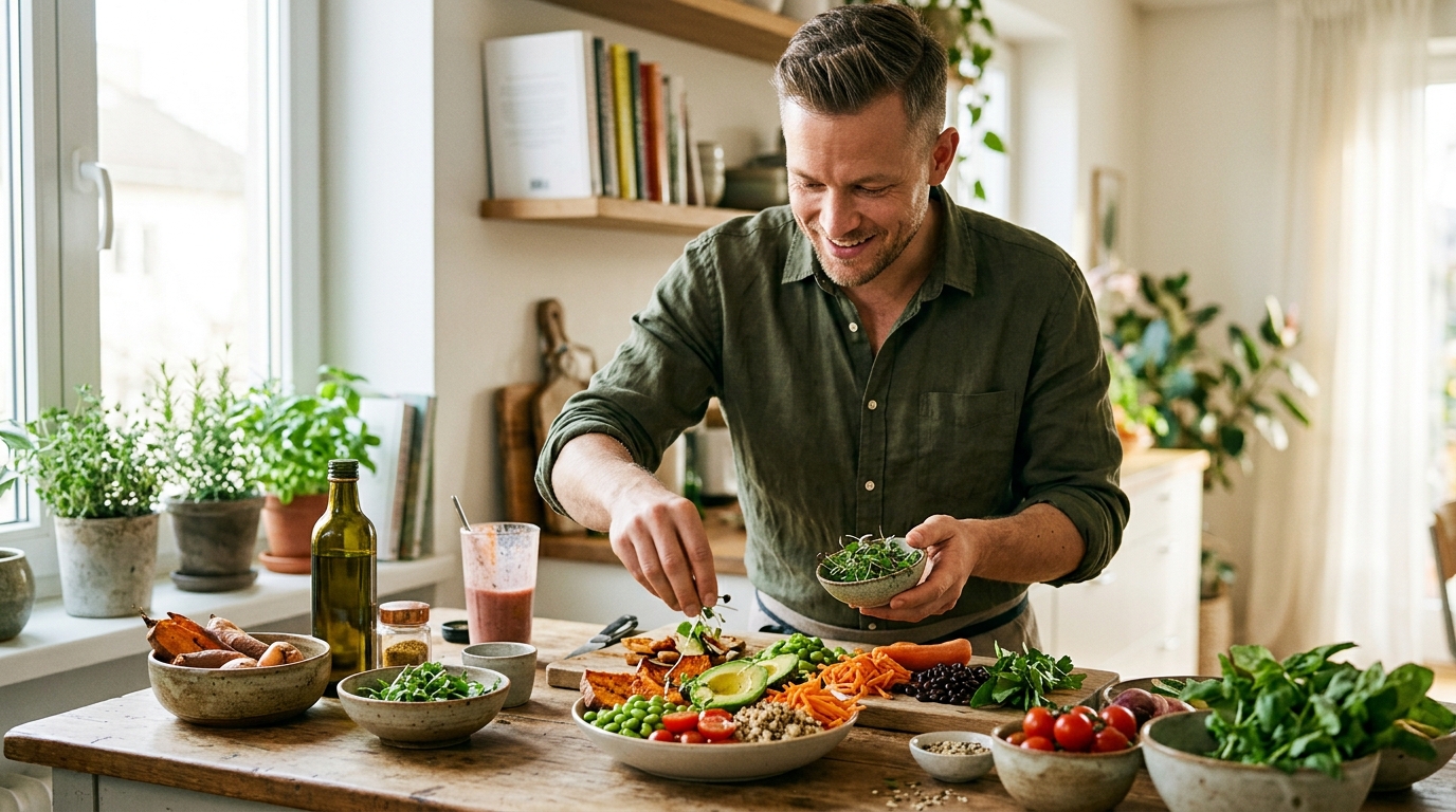 man preparing plant based meal confident energy integration