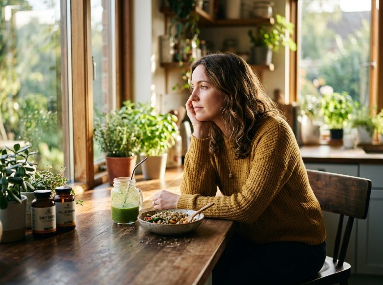 contemplative woman afternoon kitchen natural light