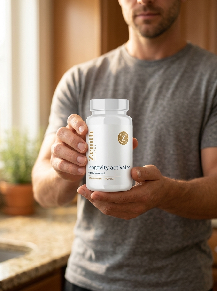 Longevity Activator bottle held by hands morning kitchen