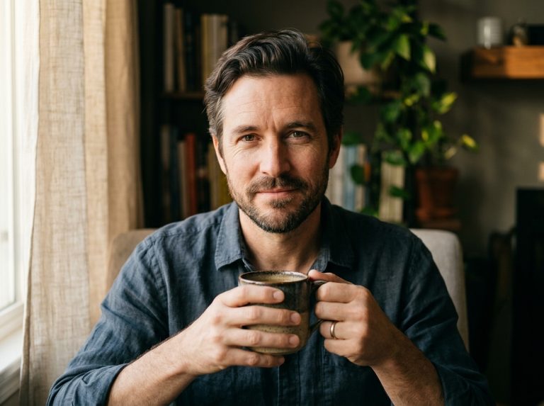 contemplative man morning light beverage peaceful expression