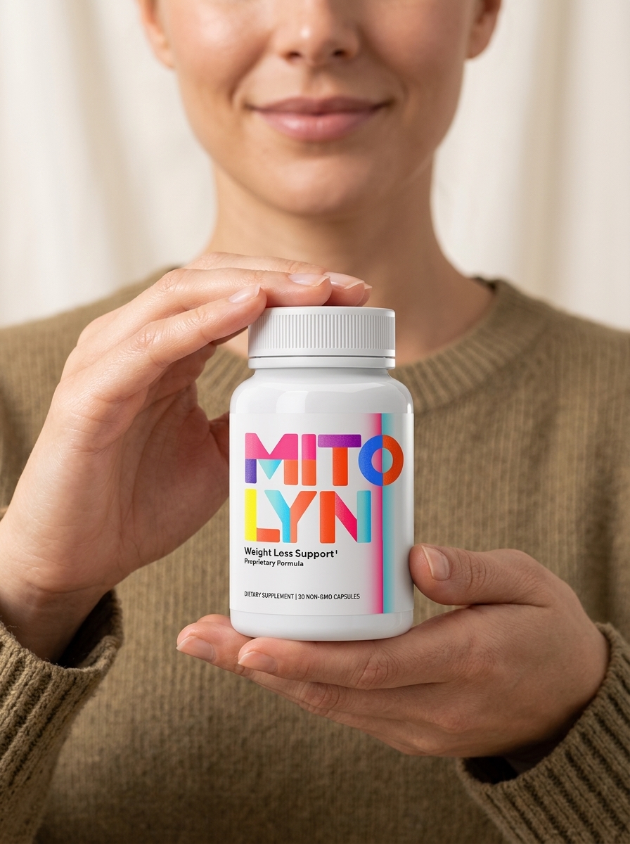 Mitolyn mitochondrial support supplement bottle held by woman