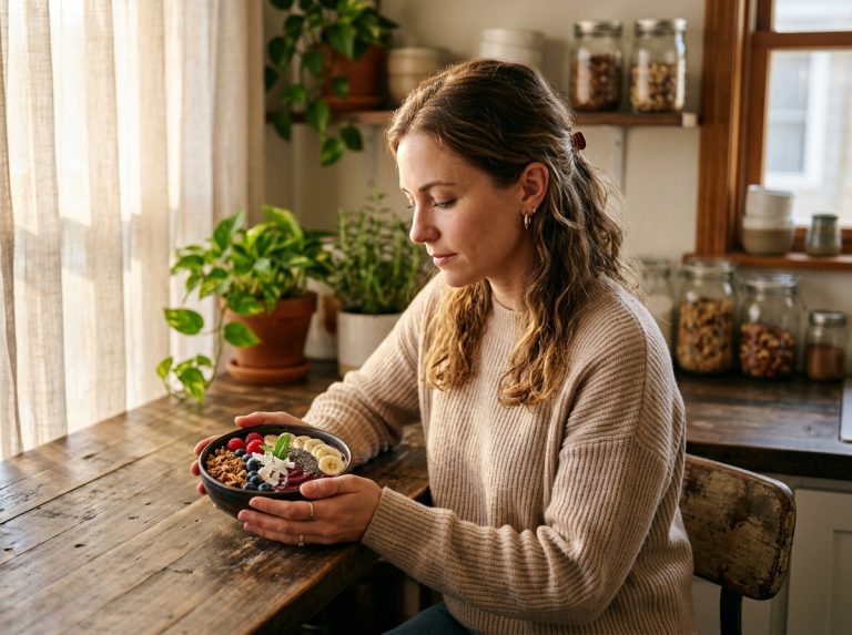 woman contemplating colorful breakfast bowl in morning light