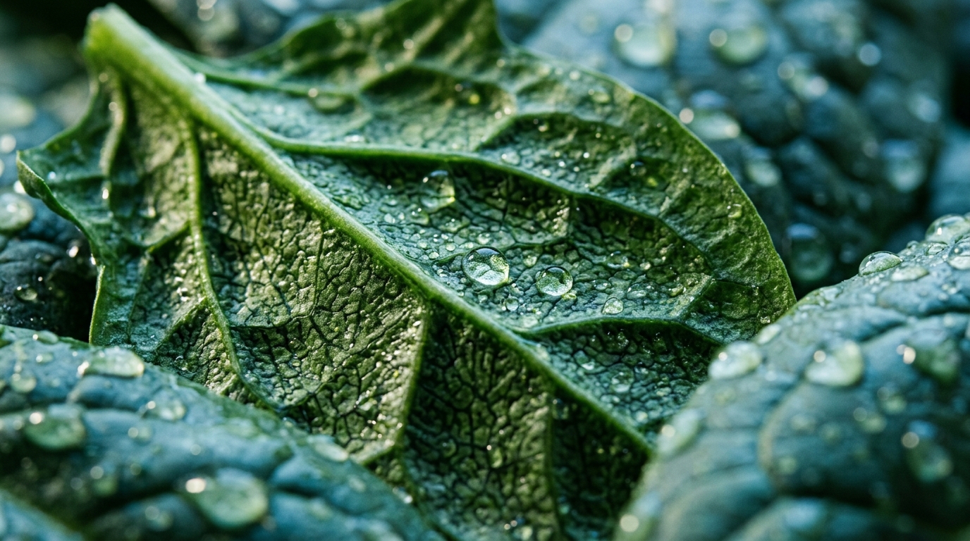 detailed macro view of spinach leaves with water droplets