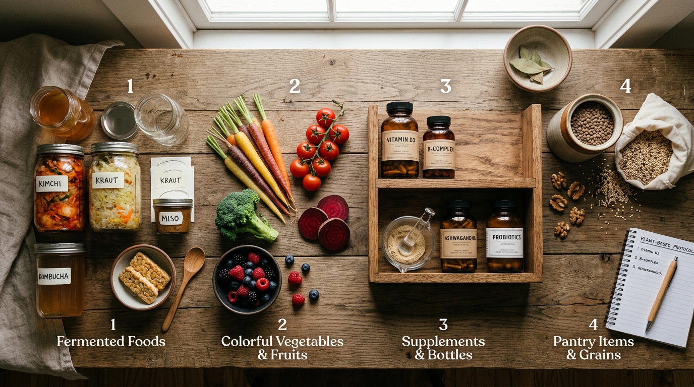 organized display of plant foods and traditional supplements