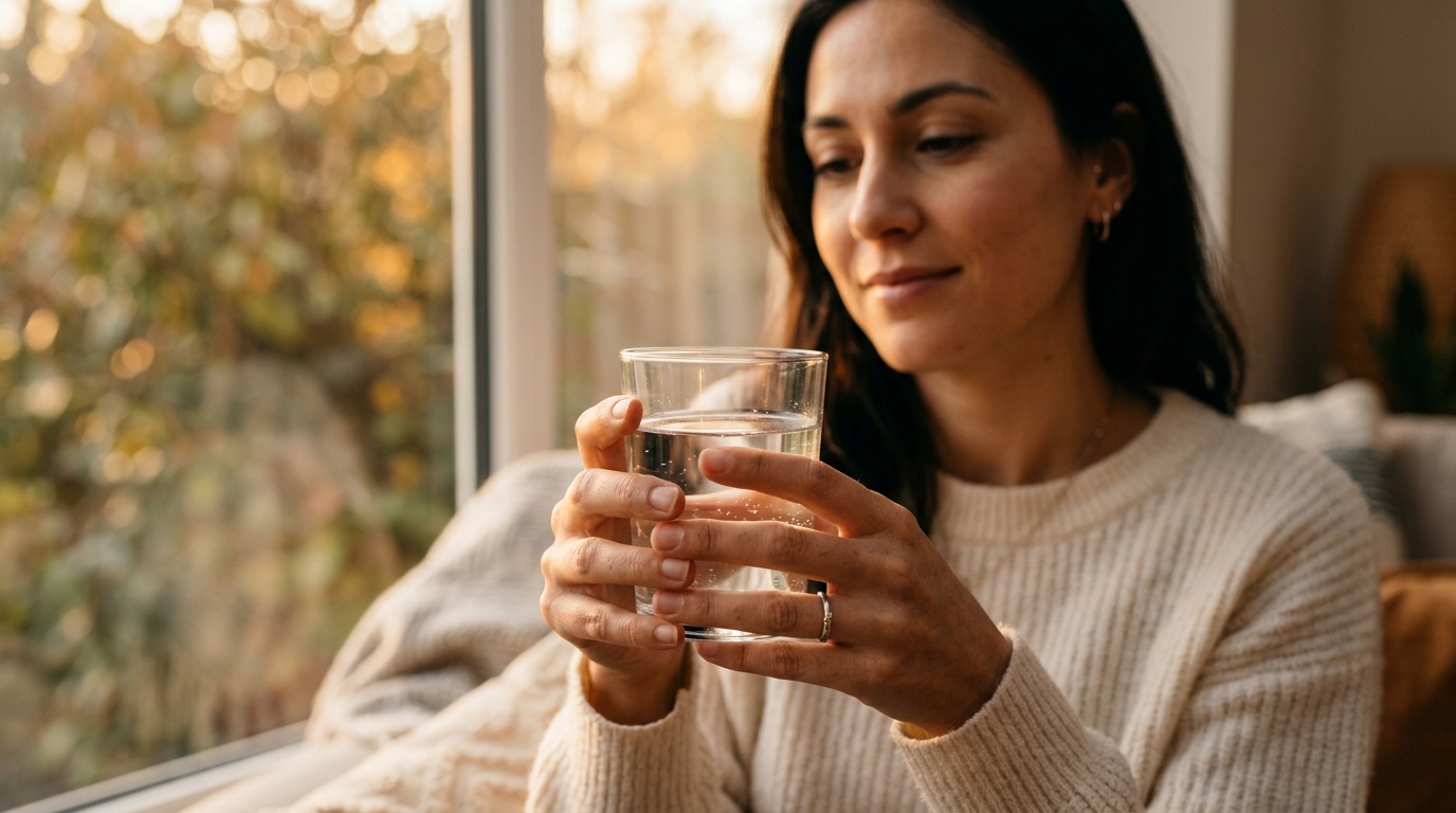 woman holding glass of water in contemplative moment