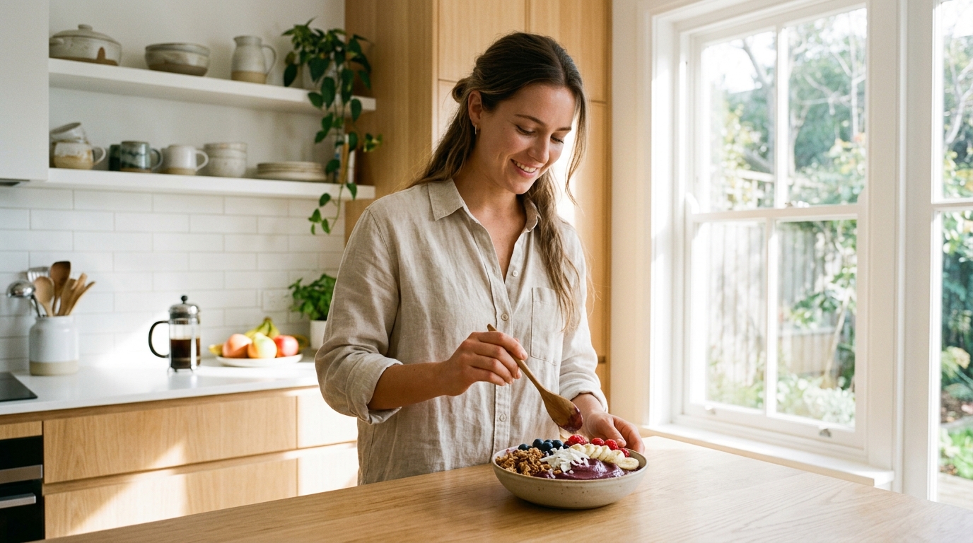 woman preparing colorful breakfast bowl with renewed energy