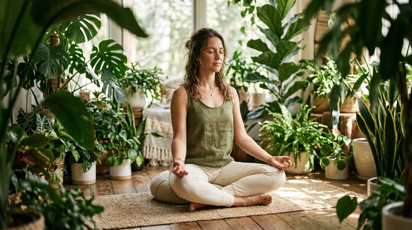 woman in peaceful meditation surrounded by plants