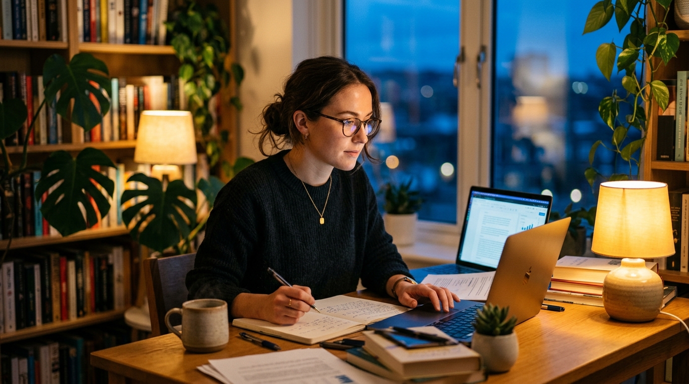 woman working alertly in evening with sustained energy