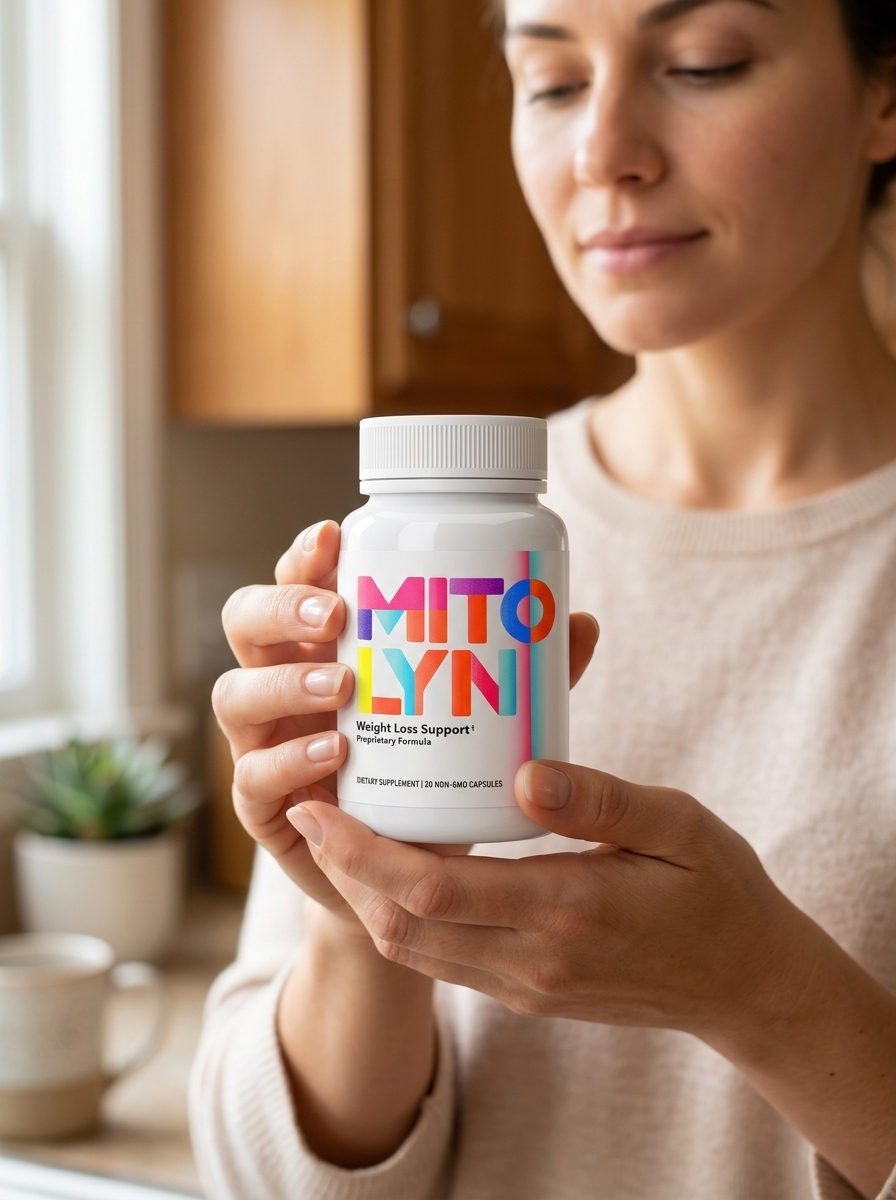 Mitolyn mitochondrial support supplement bottle held by woman