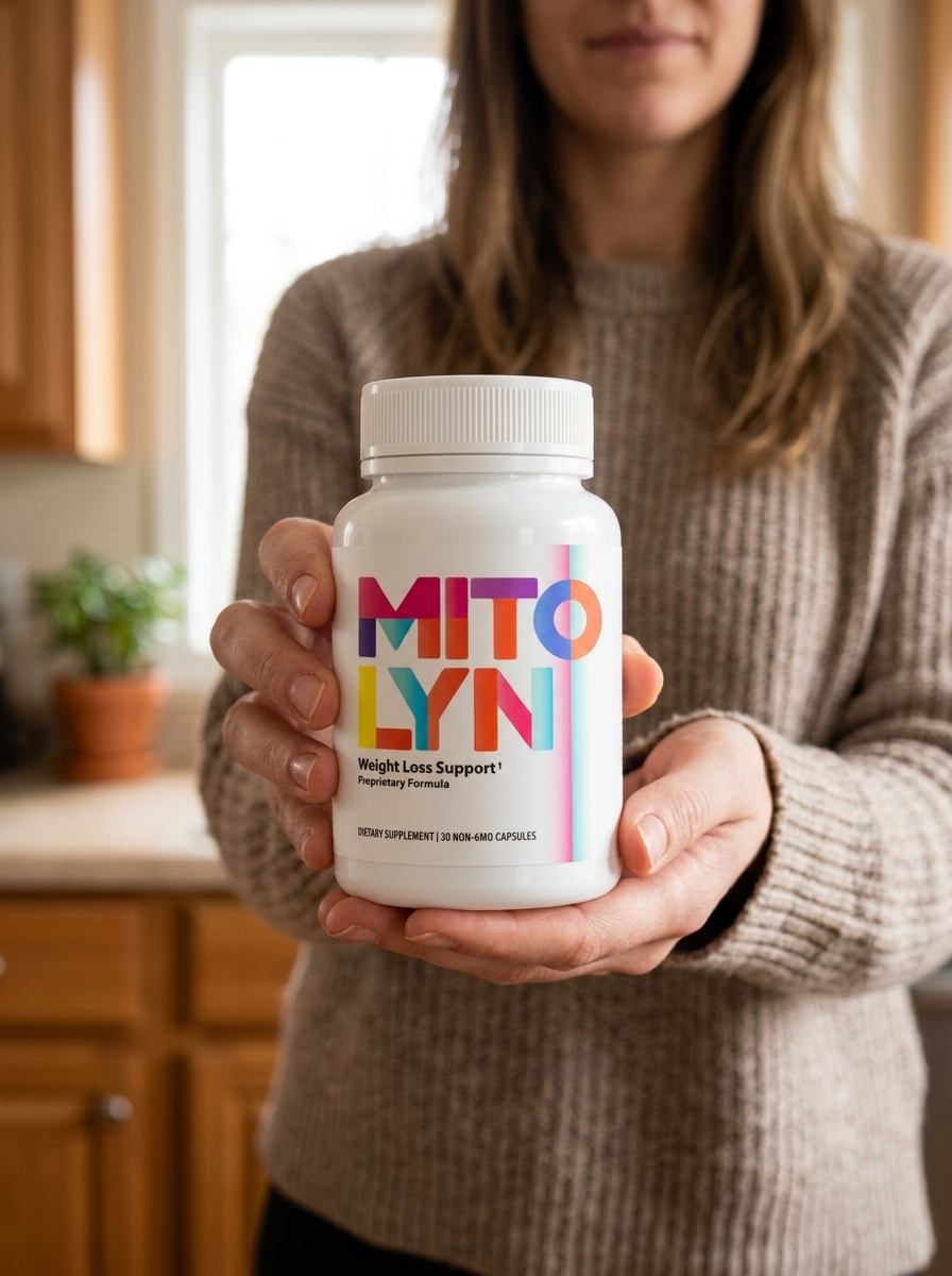 Mitolyn supplement bottle woman hands natural light