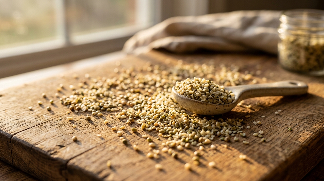 hemp hearts scattered wooden board golden sunlight macro
