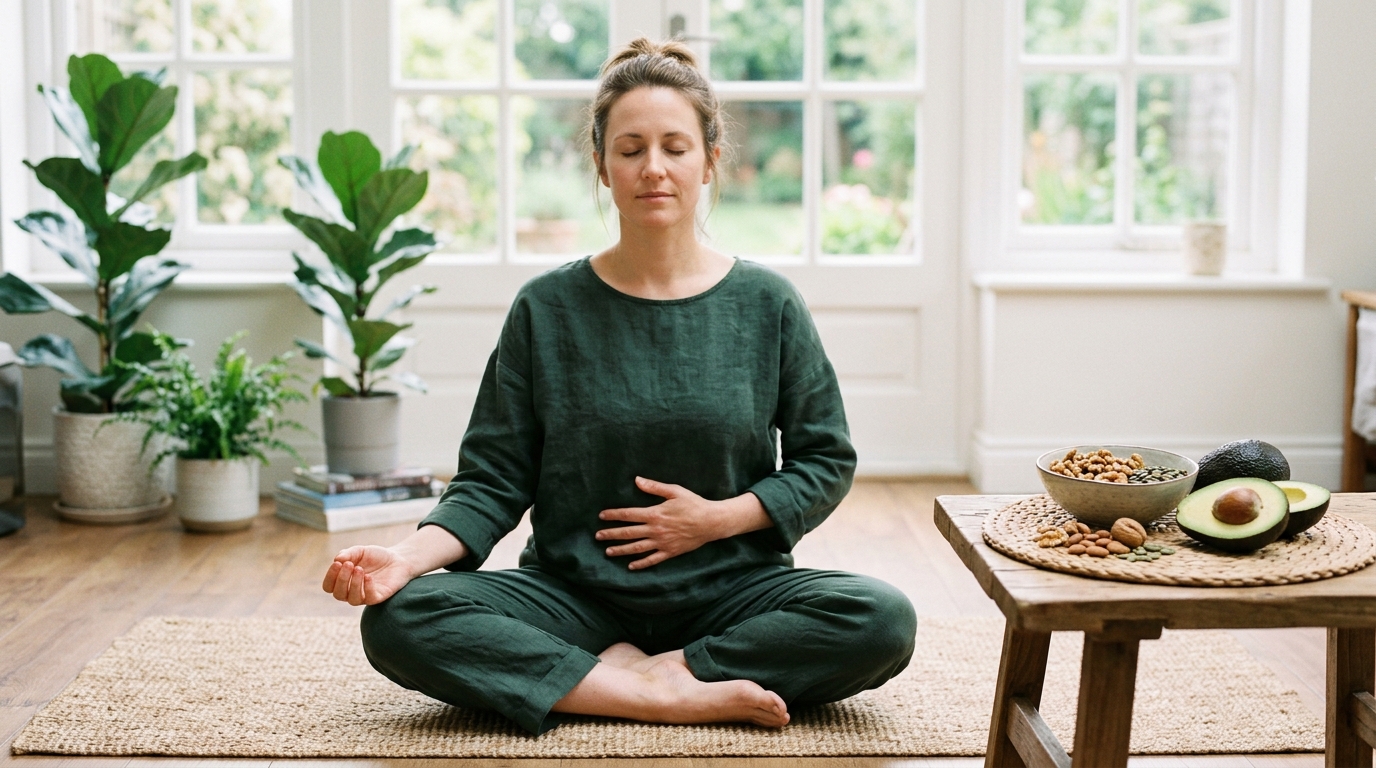 woman meditation pose hand abdomen natural light awareness