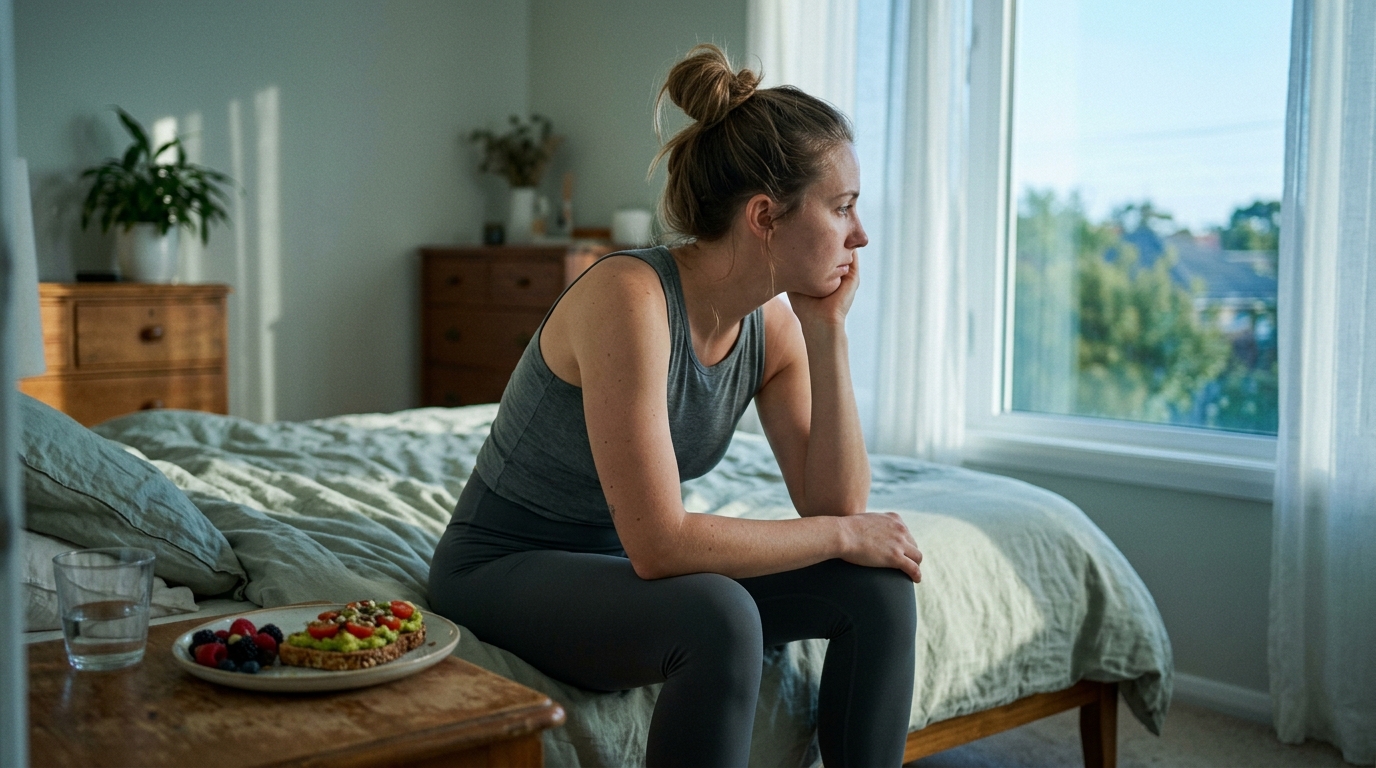 woman athletic wear bed morning fatigue plant foods