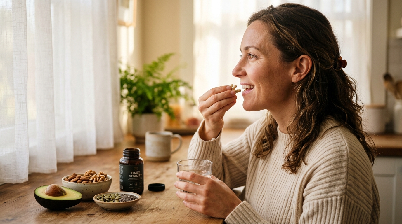 woman profile morning supplements kitchen confident energy