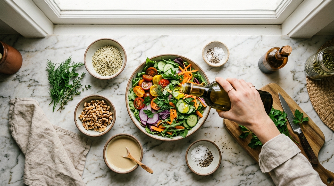 overhead marble counter olive oil salad healthy fats preparation