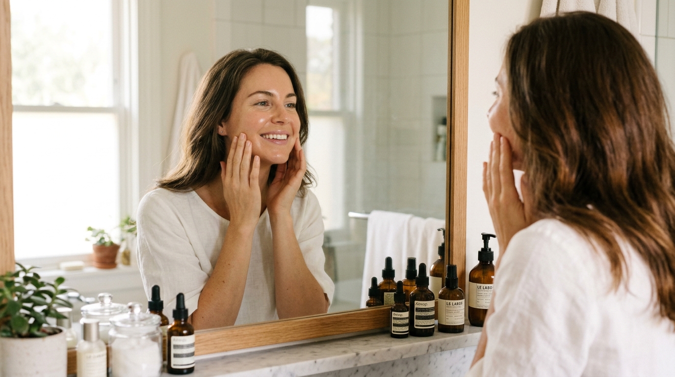 woman mirror reflection radiant skin natural light vitality