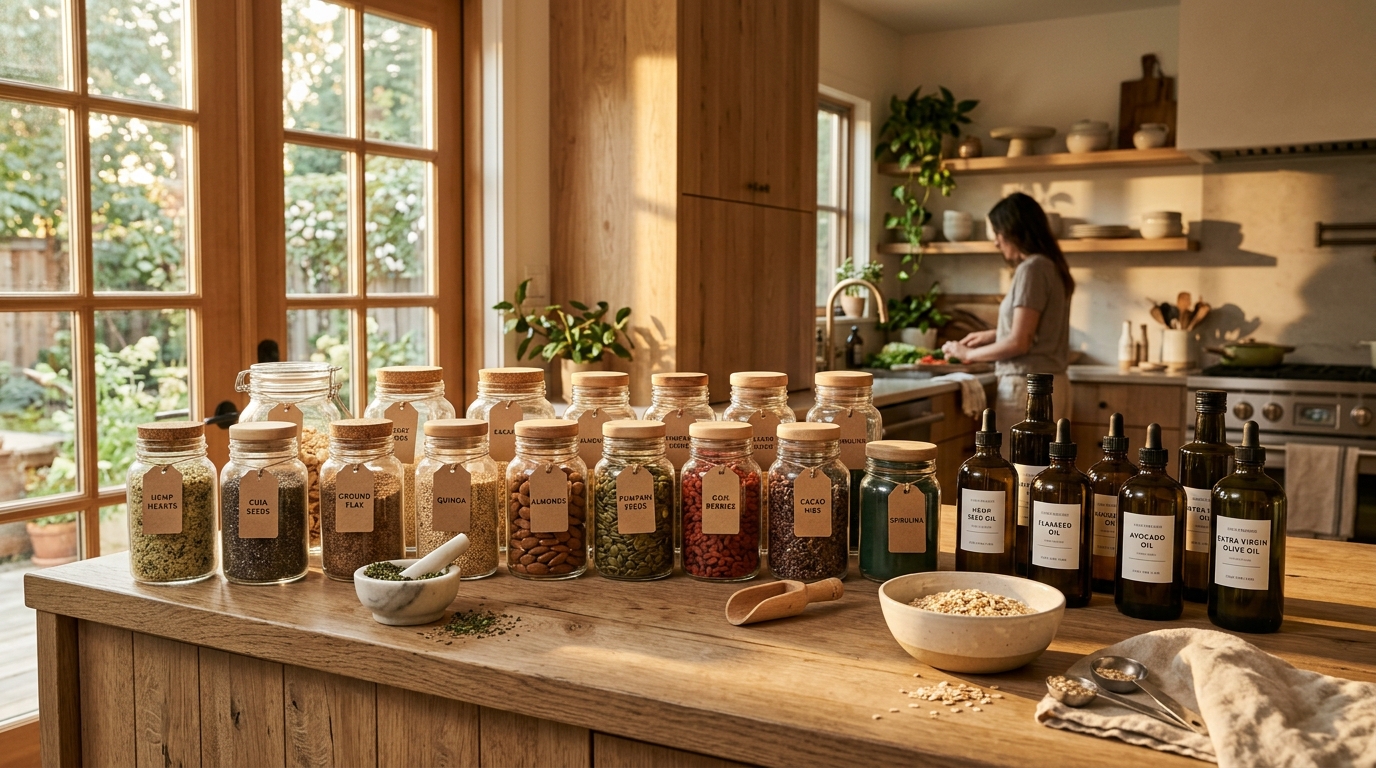 kitchen counter glass jars seeds oils golden light organized
