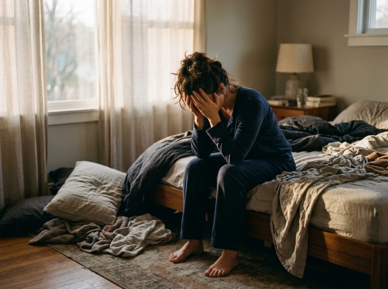 tired woman sitting on bed morning light