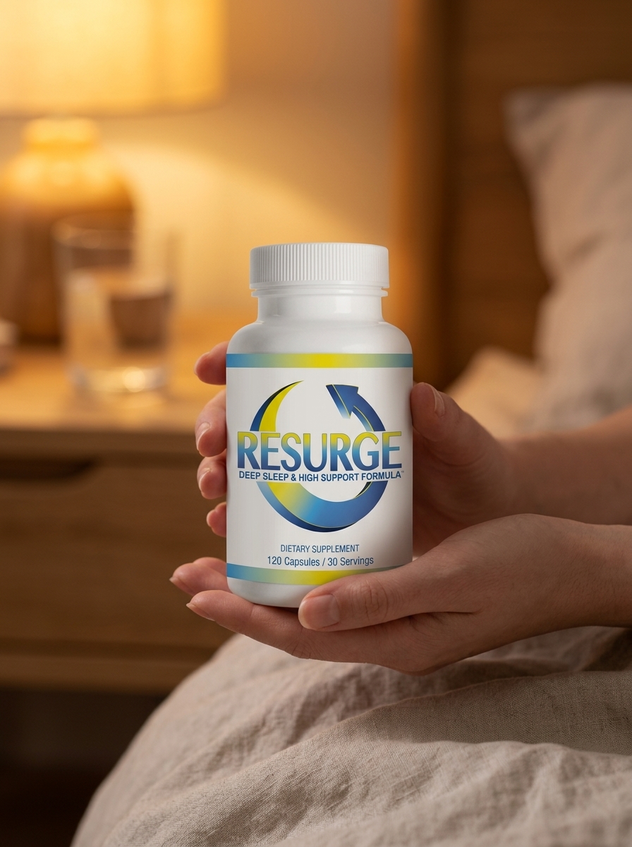 Resurge sleep support supplement bottle hands