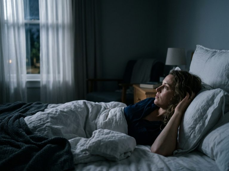 woman awake at 3am in bed moonlight
