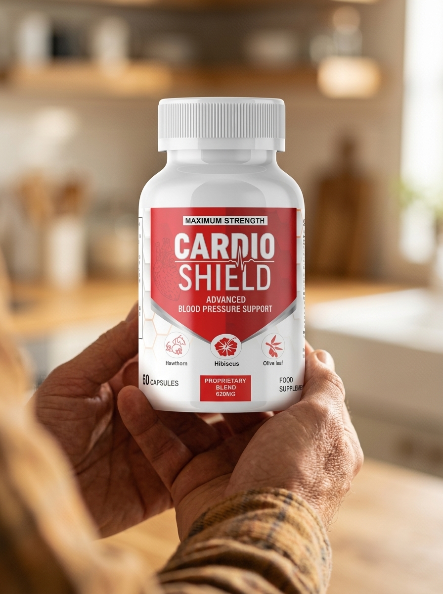 Cardio Shield cardiovascular supplement bottle held by hands