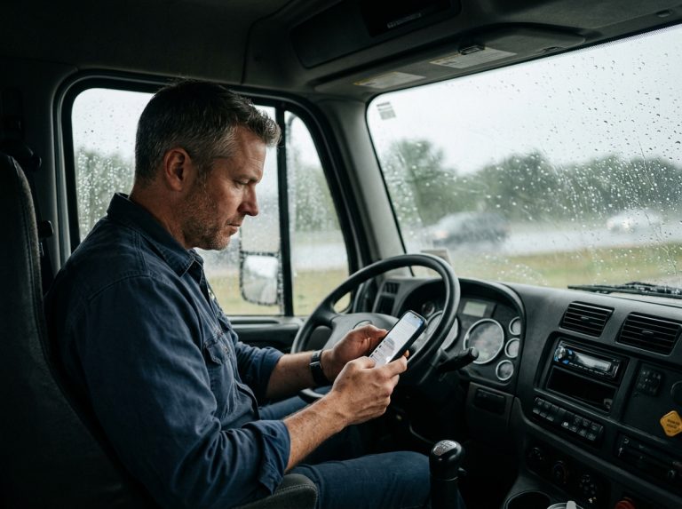 man checking health results on phone in truck