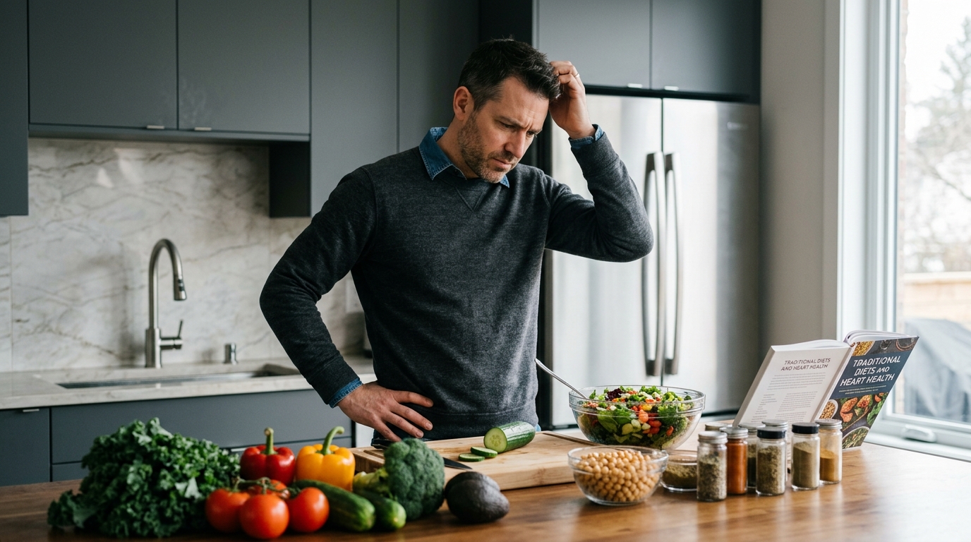man preparing healthy food while contemplating health approach