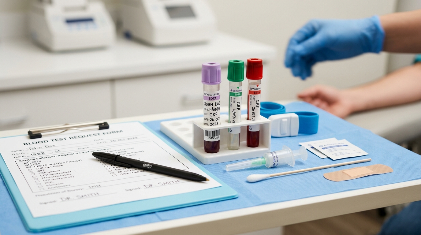 blood test tubes and forms for CRP analysis