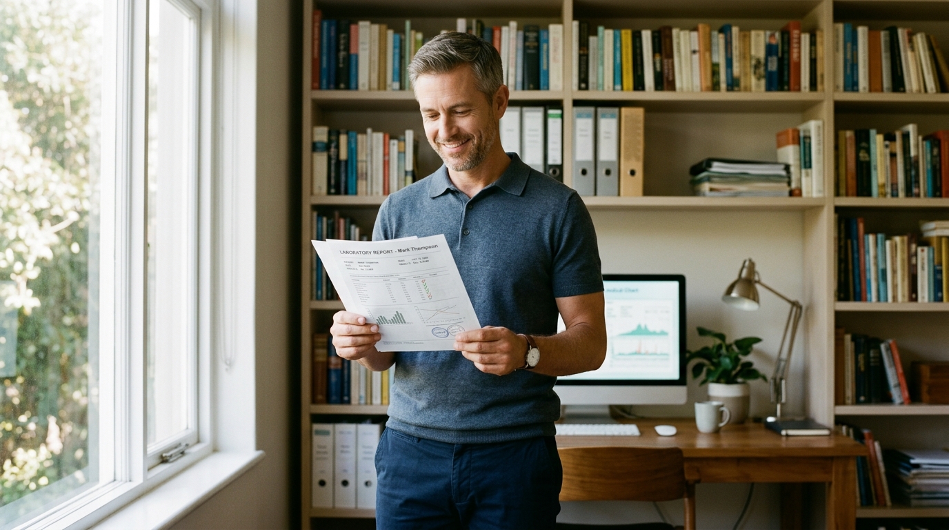 confident man holding health test results