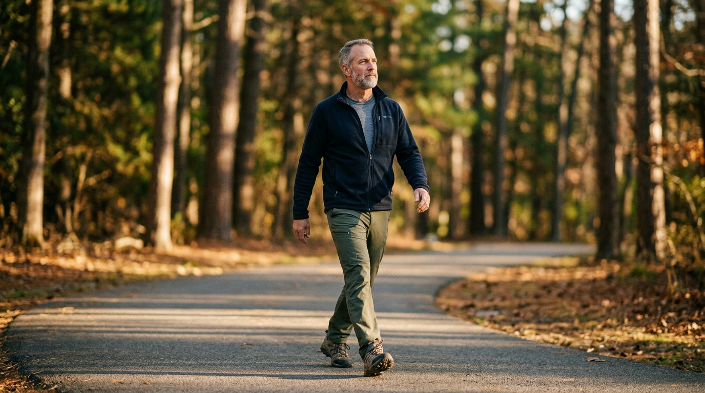 man walking confidently on path in golden light