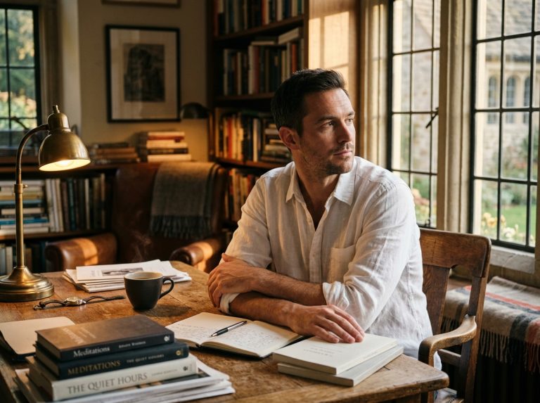 man at desk afternoon light quiet attentiveness