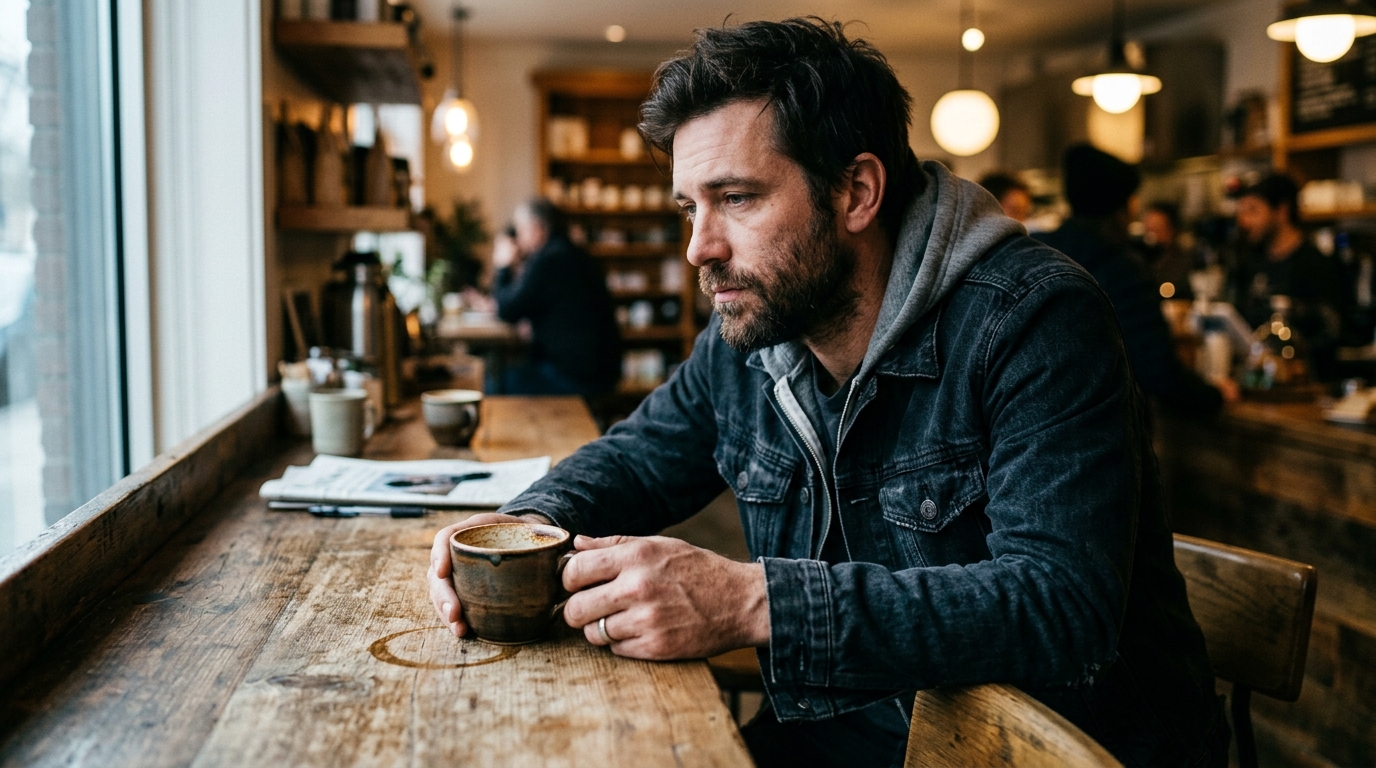 man holding third coffee cup afternoon flat expression