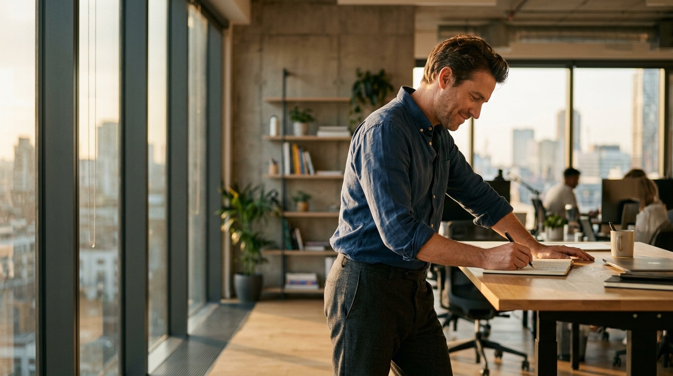 man at standing desk afternoon golden light absorbed focus