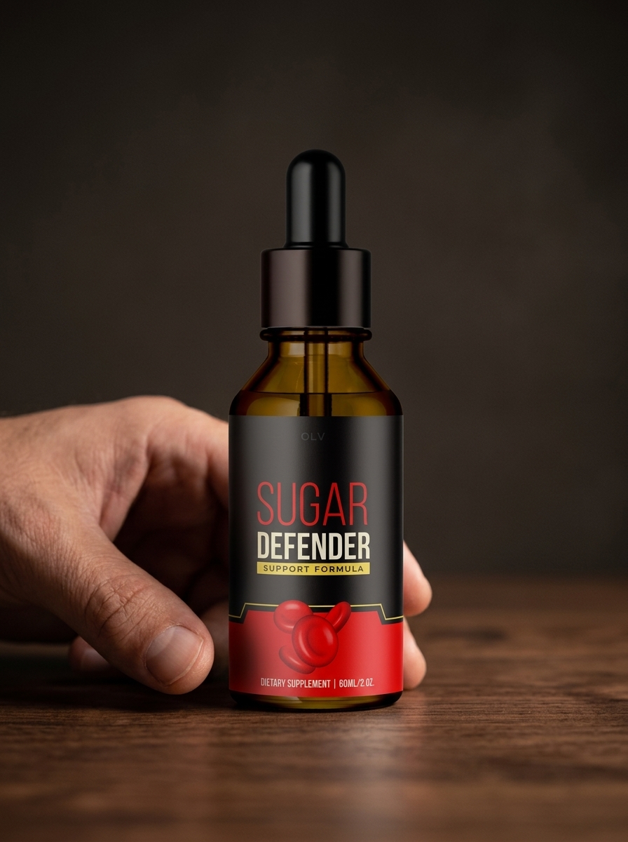 Sugar Defender bottle on dark walnut surface warm light
