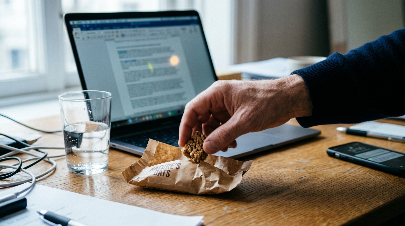 hand reaching for granola bar on work desk afternoon