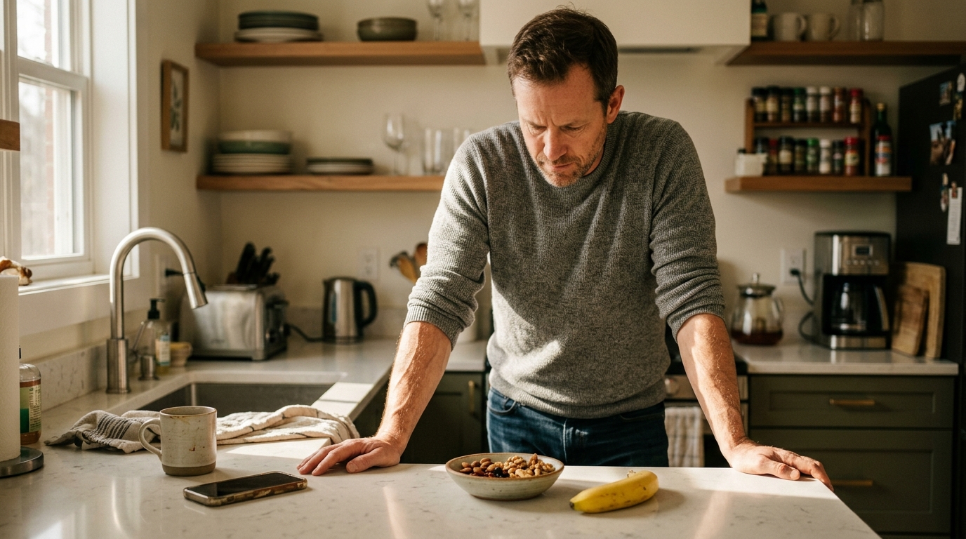 man looking at healthy snack on kitchen counter morning light