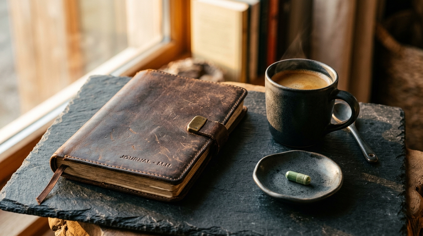 leather notebook ceramic mug supplement capsule slate surface afternoon light