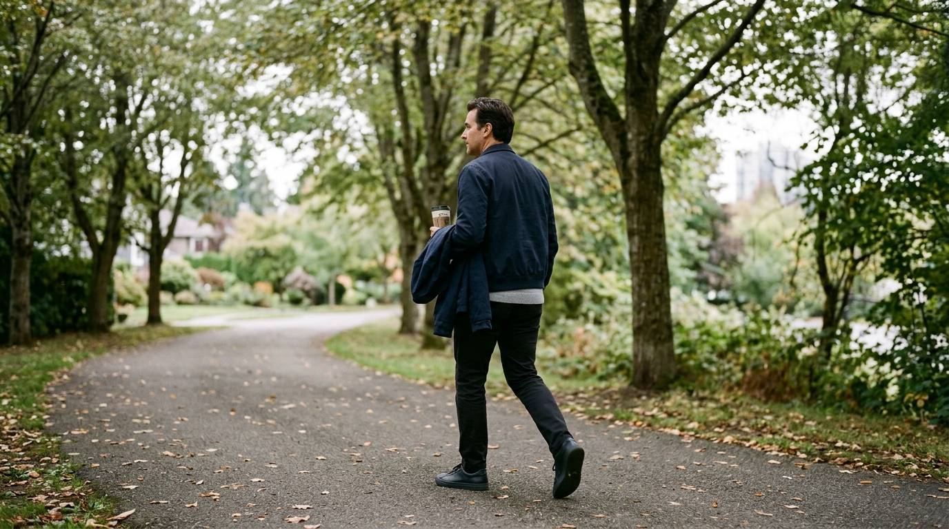 man walking tree lined path midday coffee cup jacket
