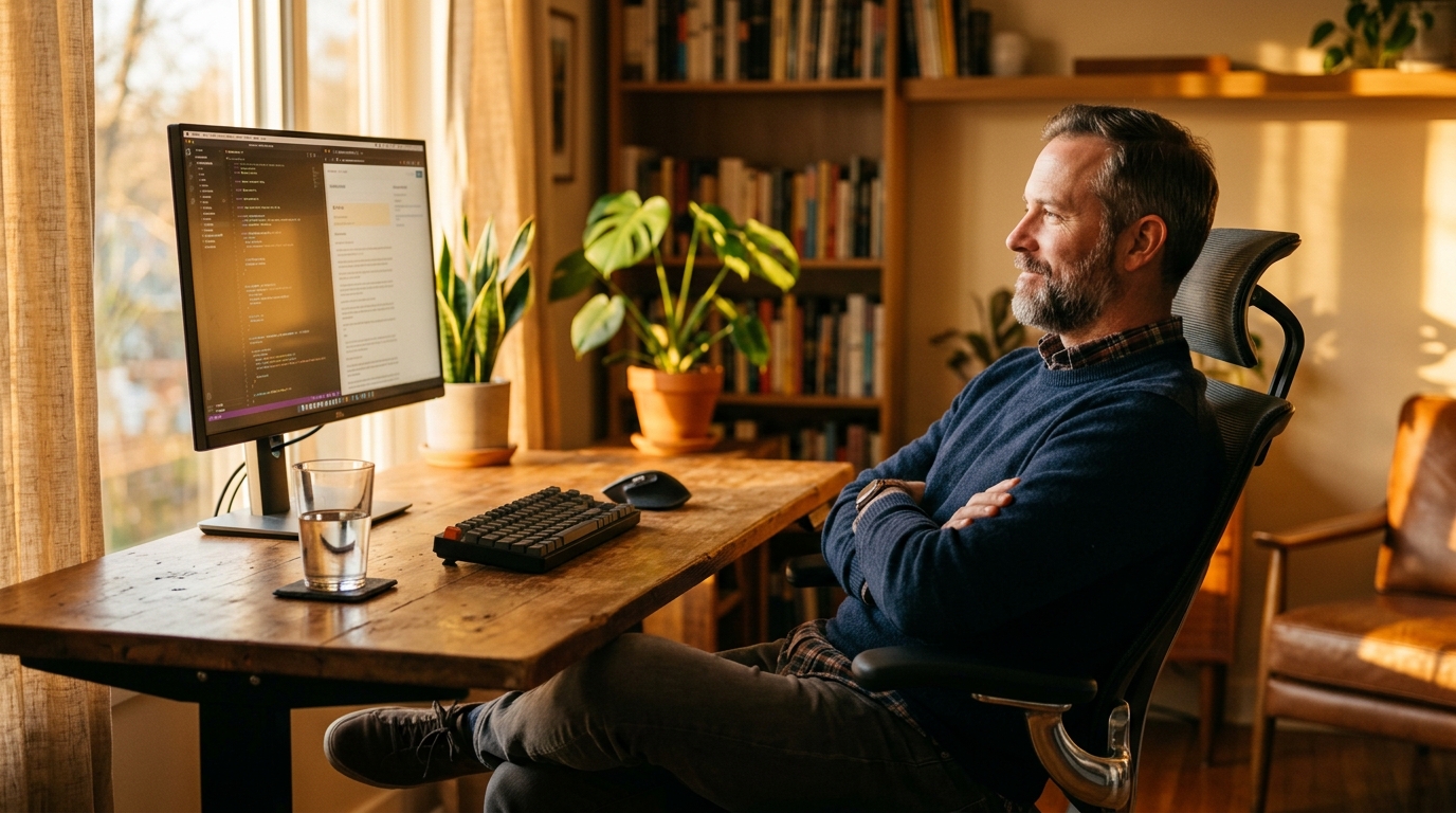 man at desk golden afternoon light calm expression no snack