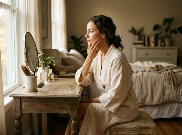 woman touching cheek in soft morning window light