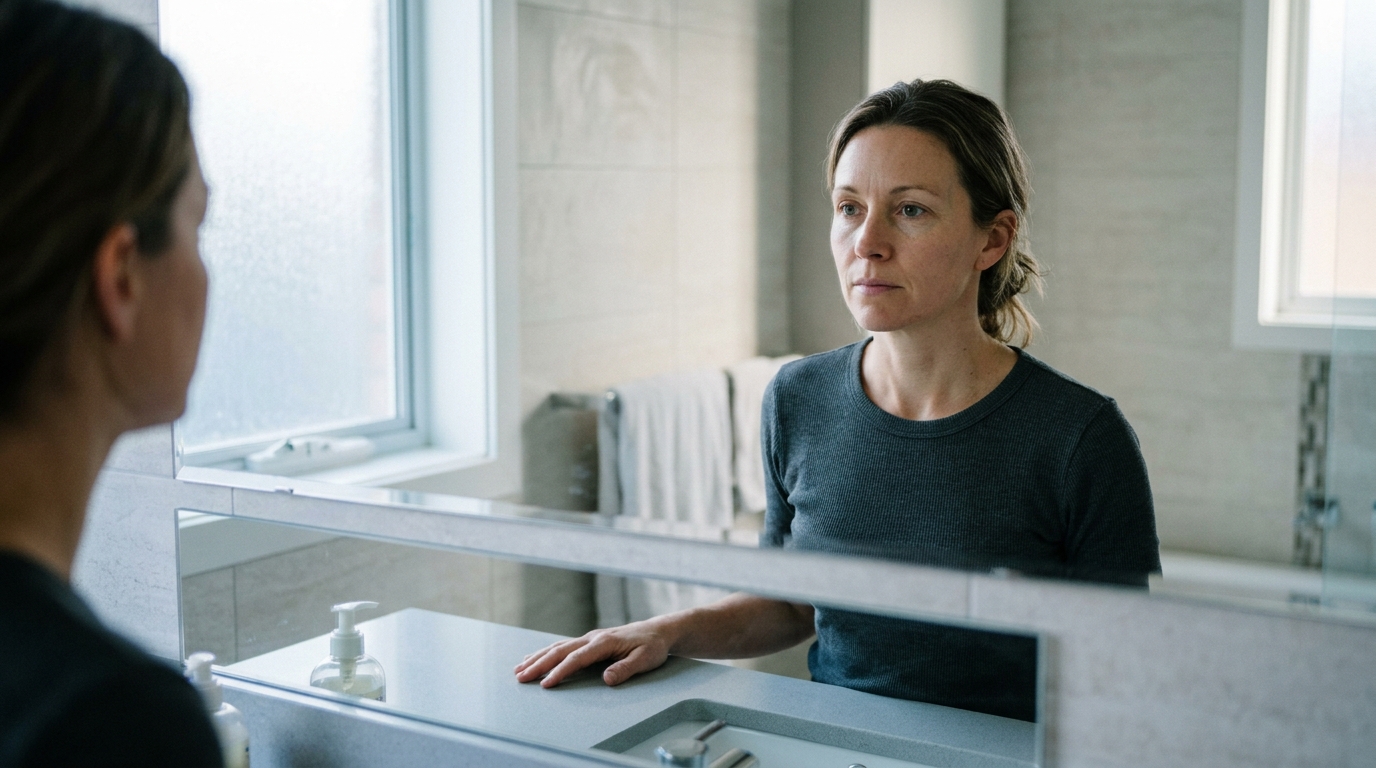 woman studying her reflection in bathroom morning light