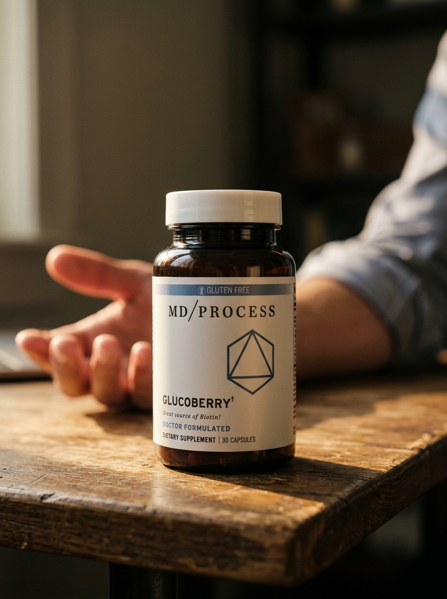 GlucoBerry supplement bottle on wooden desk afternoon light