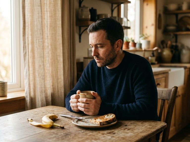 man at kitchen table morning coffee quiet thought