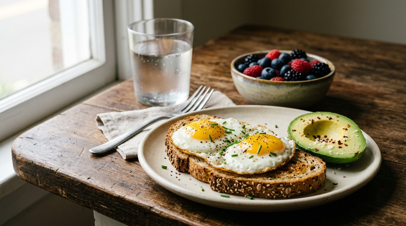 balanced breakfast eggs avocado berries whole grain morning